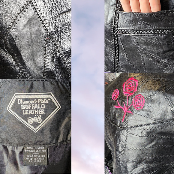 Black Diamond Plate Biker Leather Patchwork Motorcycle Western Red Rose Vest L - Picture 6 of 6